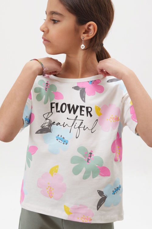 Haki Çiçek Baskılı İspanyol Paça Fitilli Taytlı Kız Çocuk Takım 17999