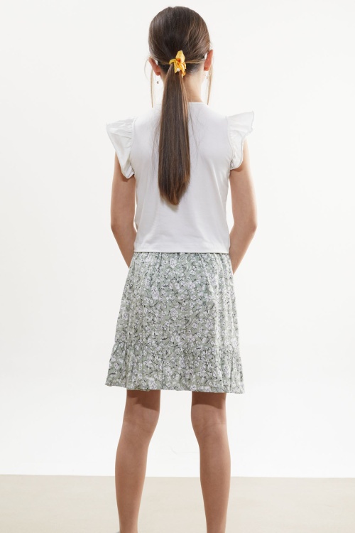 Haki Çiçek Desenli Etekli Baskılı Tişörtlü Kız Çocuk Takım 18502