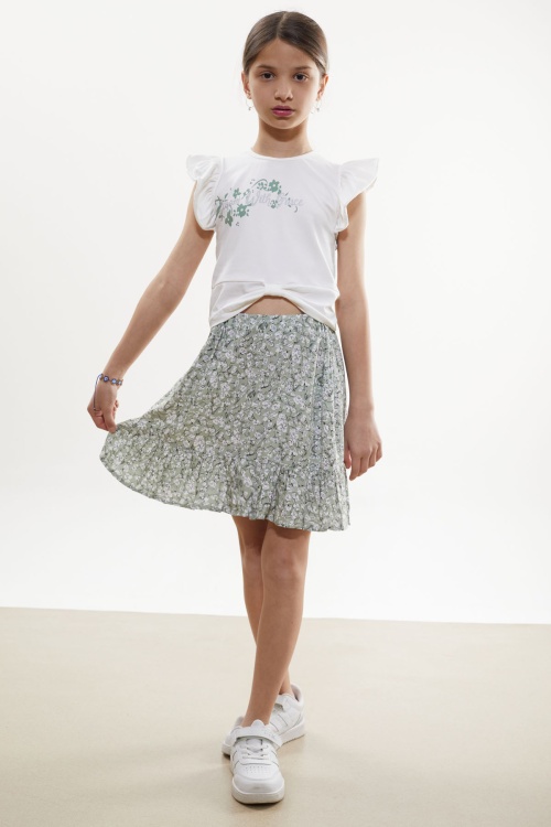 Haki Çiçek Desenli Etekli Baskılı Tişörtlü Kız Çocuk Takım 18502