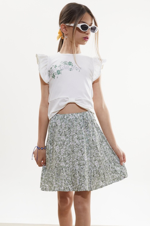 Haki Çiçek Desenli Etekli Baskılı Tişörtlü Kız Çocuk Takım 18502