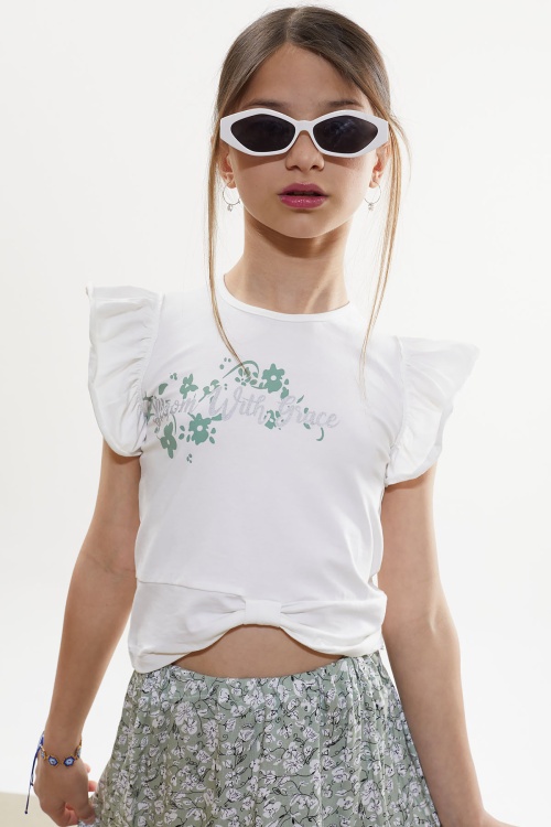 Haki Çiçek Desenli Etekli Baskılı Tişörtlü Kız Çocuk Takım 18502