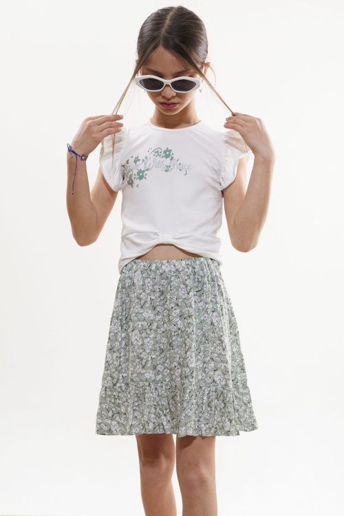 Haki Çiçek Desenli Etekli Baskılı Tişörtlü Kız Çocuk Takım 18502