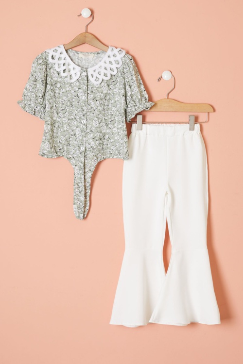 Haki Çiçek Desenli Fularlı Bluzlu Kız Çocuk İspanyol Pantolonlu Takım 18466