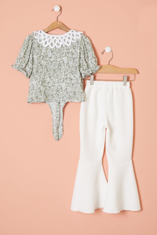 Haki Çiçek Desenli Fularlı Bluzlu Kız Çocuk İspanyol Pantolonlu Takım 18466