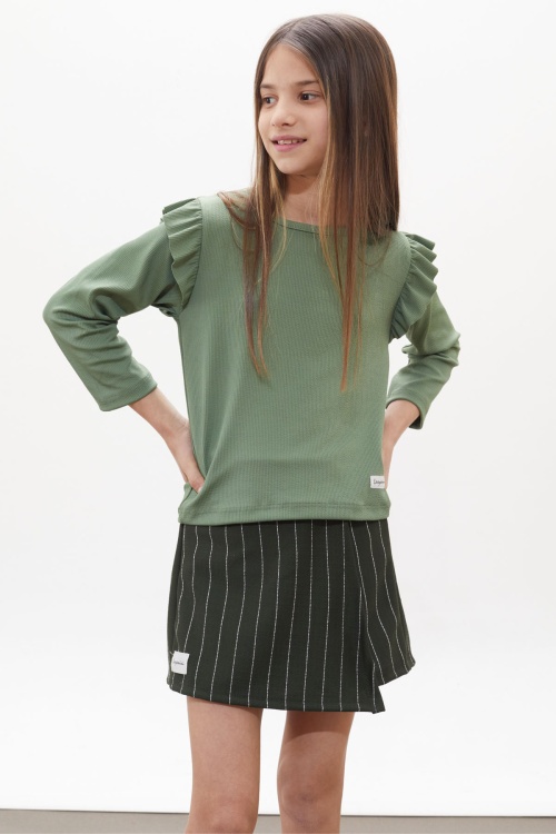 Haki Çizgili Şort Etekli Volanlı Badili Kız Çocuk Takım 18269