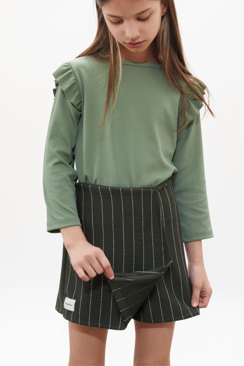 Haki Çizgili Şort Etekli Volanlı Badili Kız Çocuk Takım 18269