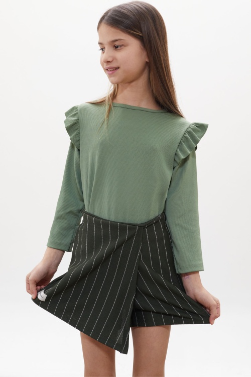 Haki Çizgili Şort Etekli Volanlı Badili Kız Çocuk Takım 18269