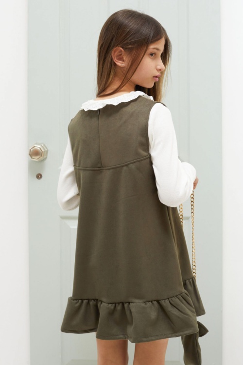 Haki Dantel Yaka Badili Çantalı Kız Çocuk Süet Elbise 18592