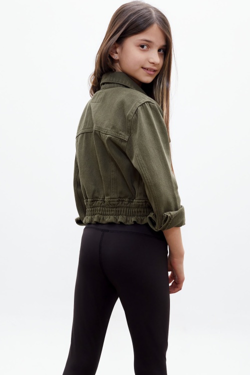 Haki Düğmeli Beli Büzgülü Kız Çocuk Jean Ceket 18314