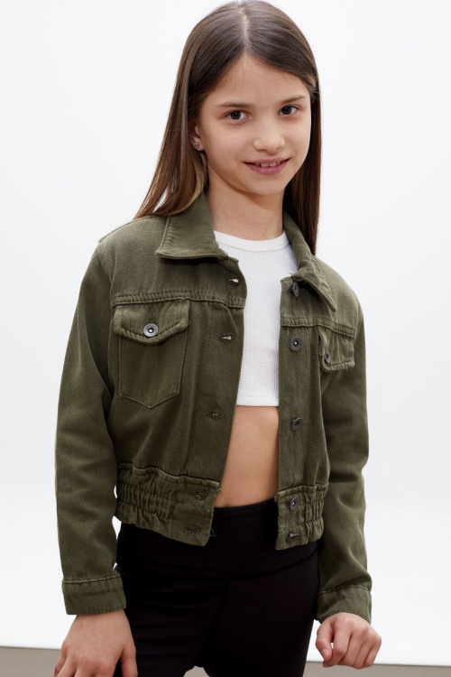 Haki Düğmeli Beli Büzgülü Kız Çocuk Jean Ceket 18314