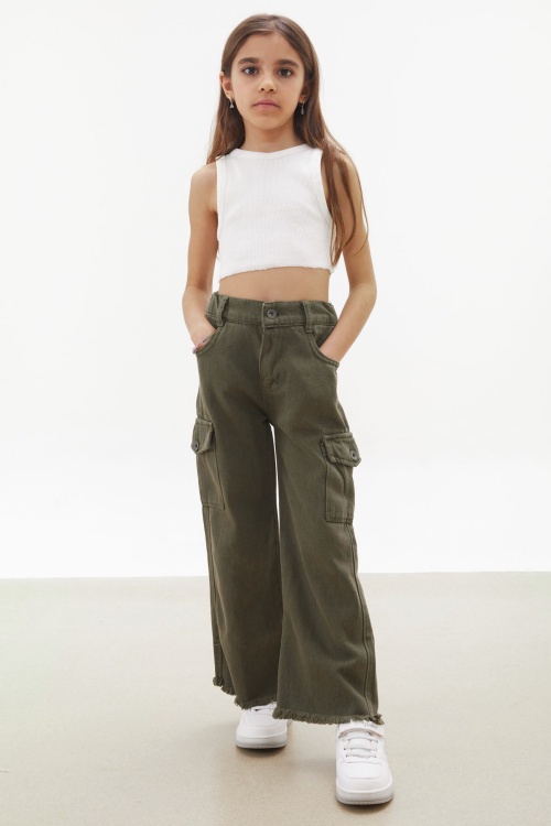 Haki Kargo Cepli Püsküllü Geniş Paça Kız Jean Pantolon 18232
