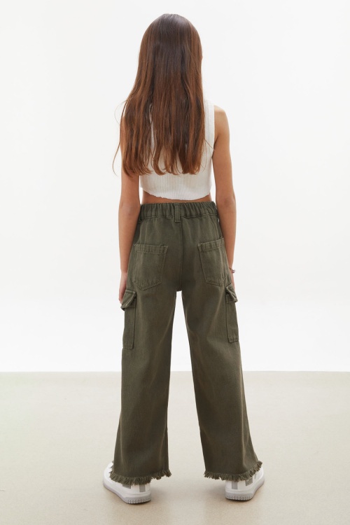 Haki Kargo Cepli Püsküllü Geniş Paça Kız Jean Pantolon 18232