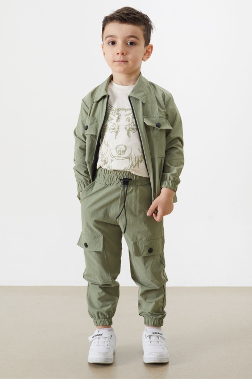 Haki Kurt Nakışlı Tişörtlü Ceket ve Pantolonlu Erkek Çocuk Paraşüt Takım 18318