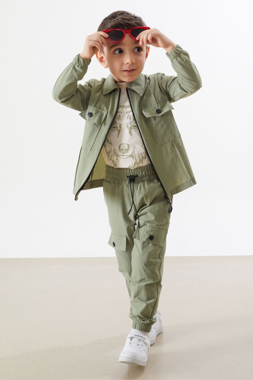 Haki Kurt Nakışlı Tişörtlü Ceket ve Pantolonlu Erkek Çocuk Paraşüt Takım 18318