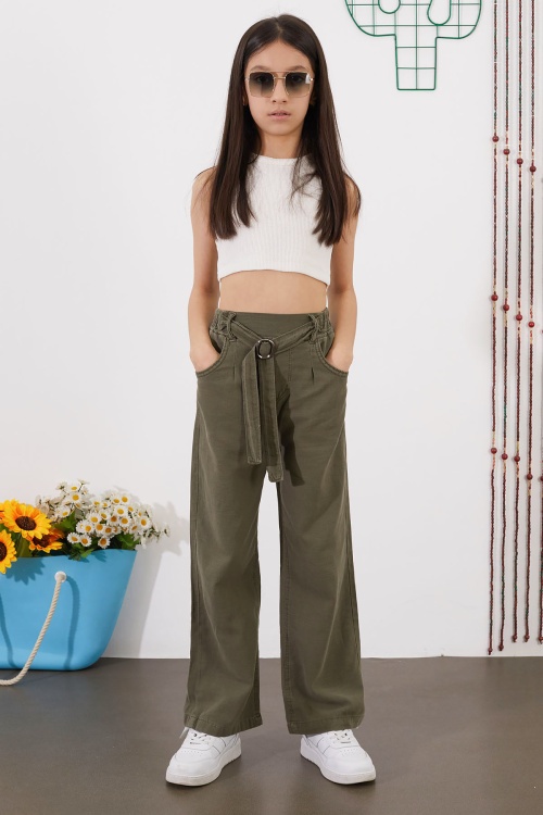 Haki Kuşaklı Beli Lastikli İspanyol Paça Kız Pantolon 18714