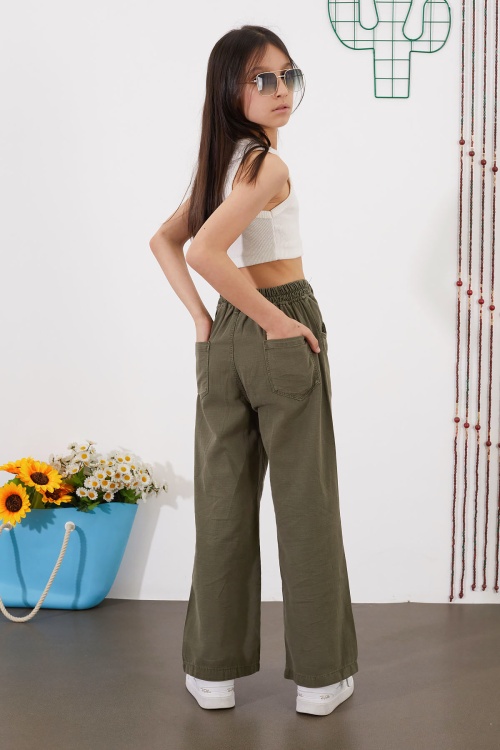 Haki Kuşaklı Beli Lastikli İspanyol Paça Kız Pantolon 18714