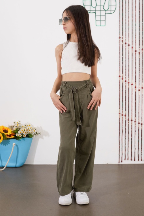 Haki Kuşaklı Beli Lastikli İspanyol Paça Kız Pantolon 18714