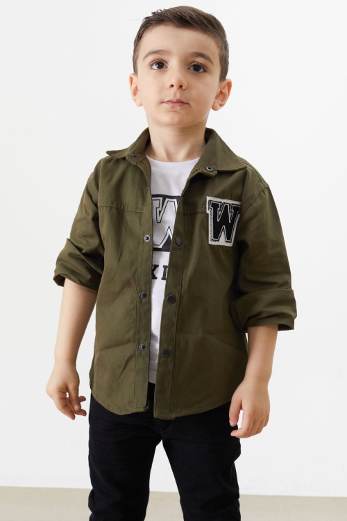 Haki Nakışlı Jean Gömlekli Tişörtlü Erkek Çocuk 2li Takım 18235