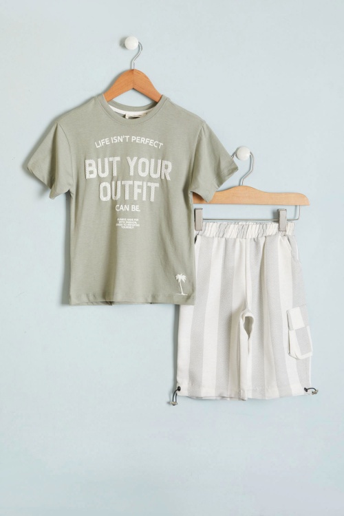Haki Outfit Baskılı Tişörtlü Erkek Çocuk Şortlu Takım 18460