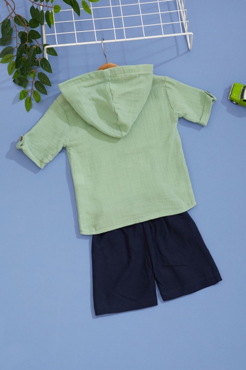 Haki Palmiye Baskılı Kanguru Cepli Erkek Bebek Şortlu Takım 18518