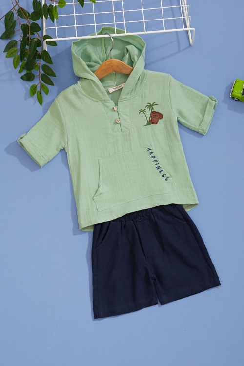 Haki Palmiye Baskılı Kanguru Cepli Erkek Bebek Şortlu Takım 18518