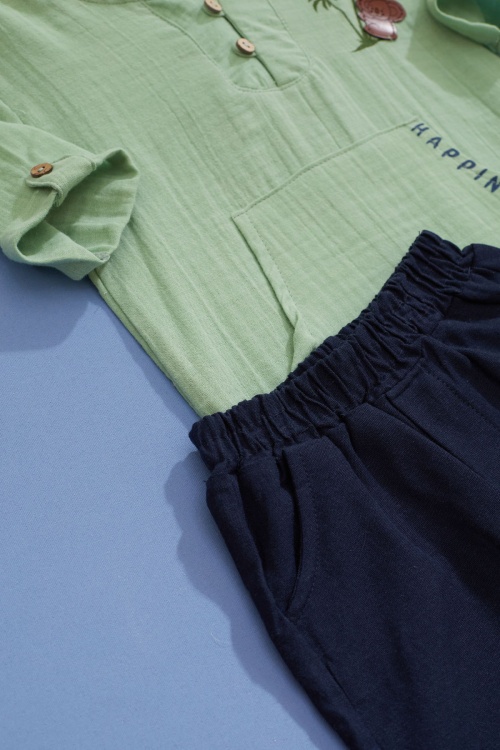 Haki Palmiye Baskılı Kanguru Cepli Erkek Bebek Şortlu Takım 18518