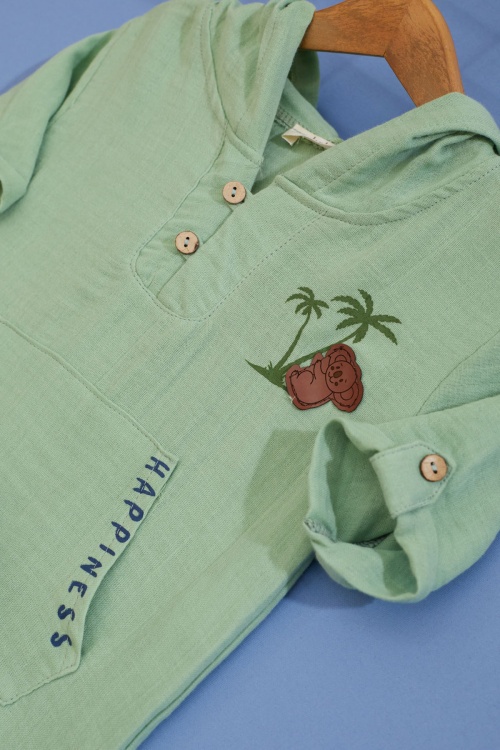 Haki Palmiye Baskılı Kanguru Cepli Erkek Bebek Şortlu Takım 18518