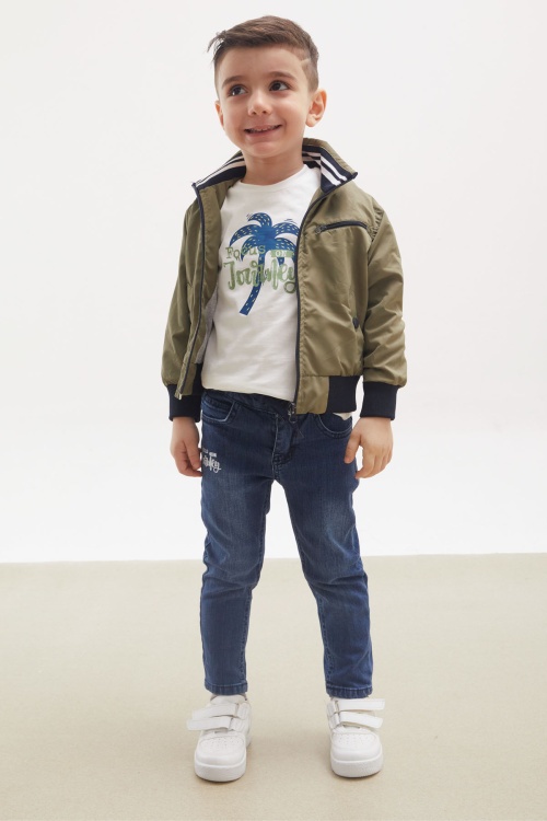Haki Palmiye Baskılı Tişörtlü Erkek Çocuk Ceketli 3lü Takım 17699