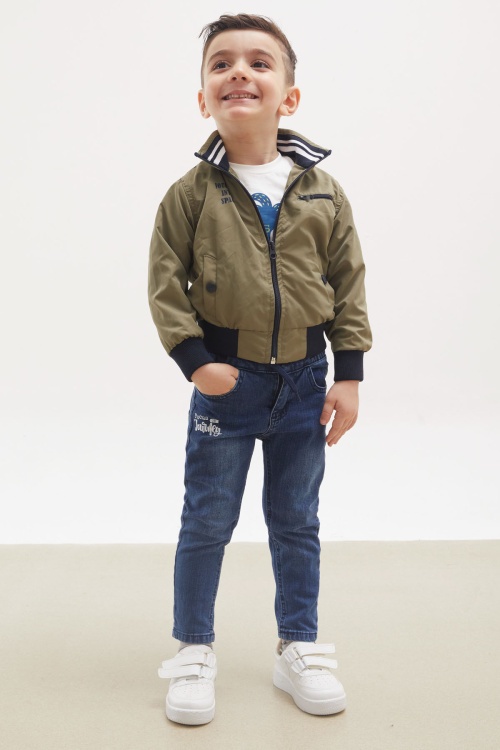 Haki Palmiye Baskılı Tişörtlü Erkek Çocuk Ceketli 3lü Takım 17699