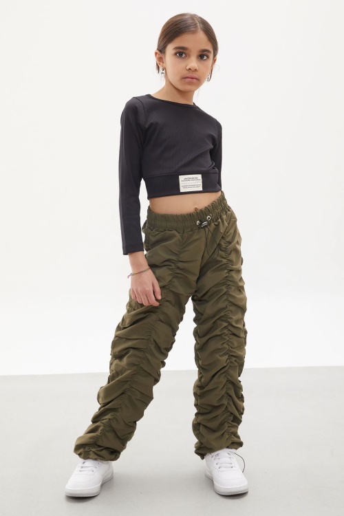 Haki Şerit Dikişli Kız Paraşüt Pantolon 18030