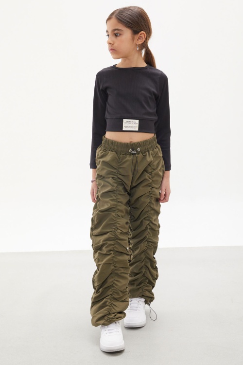 Haki Şerit Dikişli Kız Paraşüt Pantolon 18030