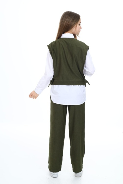 Haki Yandan Bağlamalı Süveterli Gömlekli Kız Çocuk 3lü Takım 18489