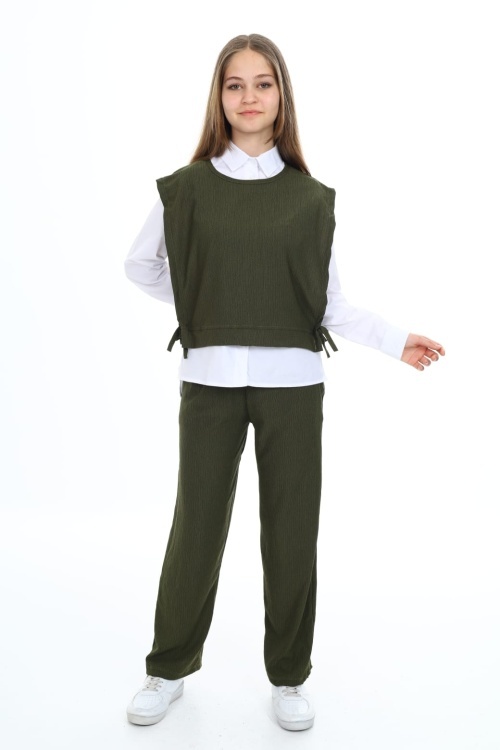 Haki Yandan Bağlamalı Süveterli Gömlekli Kız Çocuk 3lü Takım 18489