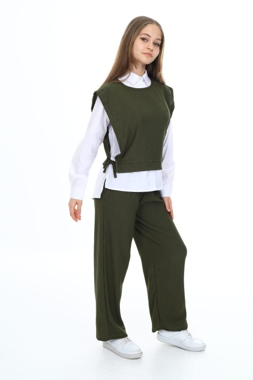 Haki Yandan Bağlamalı Süveterli Gömlekli Kız Çocuk 3lü Takım 18489