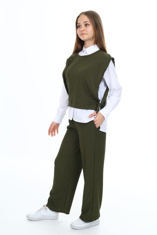 Haki Yandan Bağlamalı Süveterli Gömlekli Kız Çocuk 3lü Takım 18489