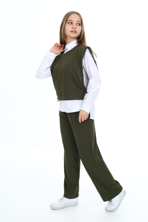 Haki Yandan Bağlamalı Süveterli Gömlekli Kız Çocuk 3lü Takım 18489