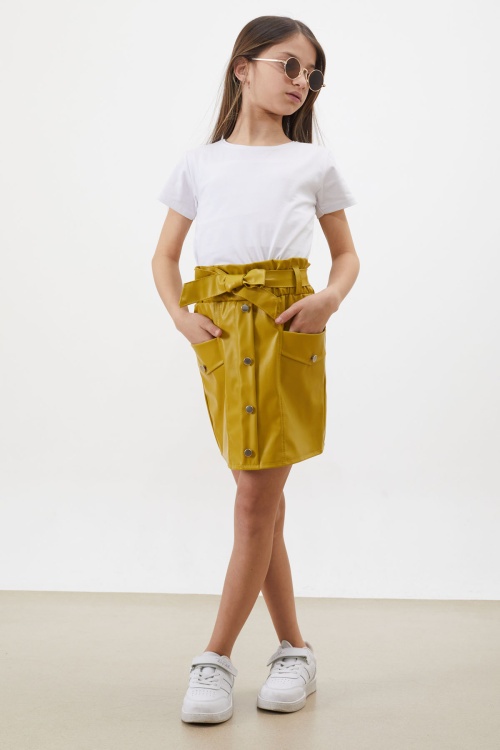 Hardal Düğme Detaylı Kuşaklı Kız Çocuk Deri Etek 18453