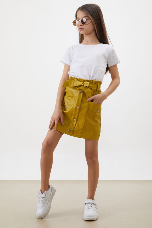 Hardal Düğme Detaylı Kuşaklı Kız Çocuk Deri Etek 18453