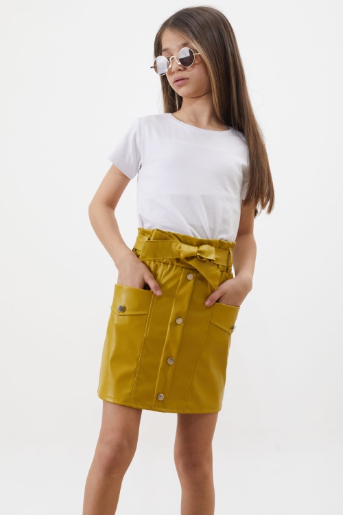 Hardal Düğme Detaylı Kuşaklı Kız Çocuk Deri Etek 18453