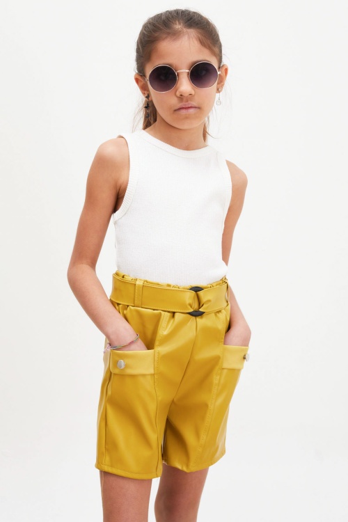 Hardal Kemerli Ön Cepli Kız Çocuk Deri Şort 18221