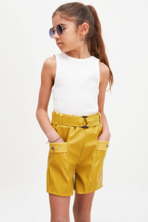 Hardal Kemerli Ön Cepli Kız Çocuk Deri Şort 18221