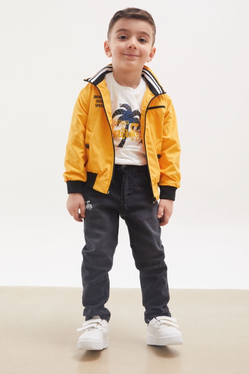 Hardal Palmiye Baskılı Tişörtlü Erkek Çocuk Ceketli 3lü Takım 17700