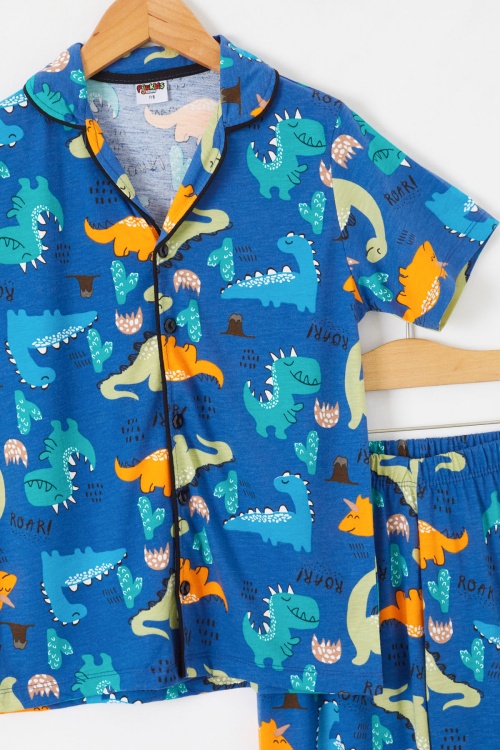 İndigo Dinozor Baskılı Düğmeli Erkek Çocuk Kısa Kol Pijama Takımı 18692