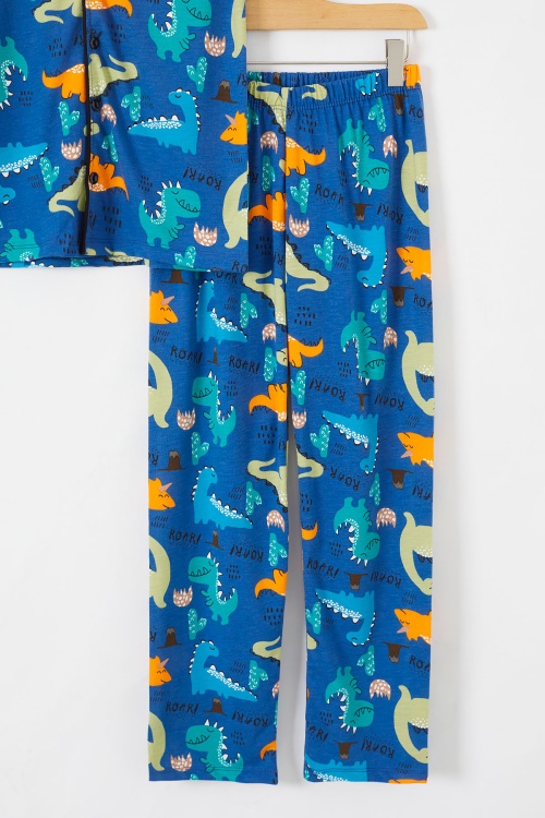 İndigo Dinozor Baskılı Düğmeli Erkek Çocuk Kısa Kol Pijama Takımı 18692