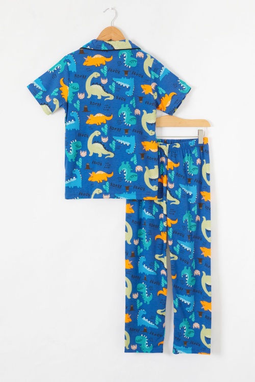 İndigo Dinozor Baskılı Düğmeli Erkek Çocuk Kısa Kol Pijama Takımı 18692