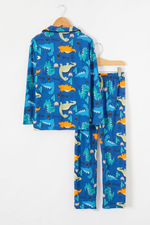 İndigo Dinozor Baskılı Düğmeli Erkek Çocuk Pijama Takımı 18671