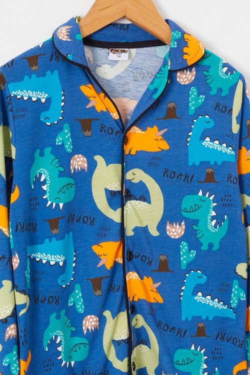 İndigo Dinozor Baskılı Düğmeli Erkek Çocuk Pijama Takımı 18671