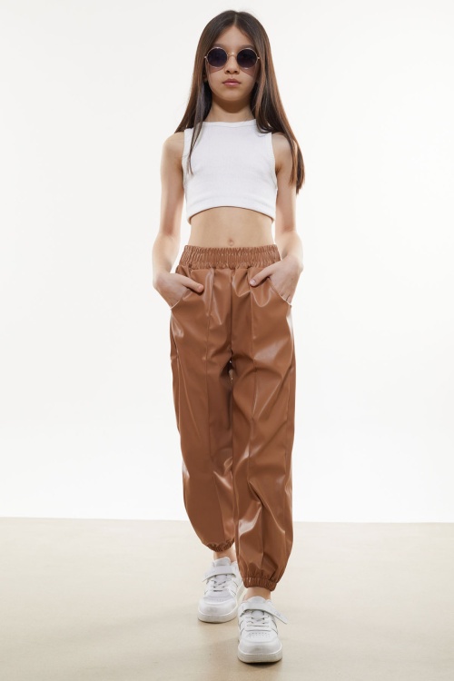 Kahve Beli Lastikli Jogger Model Kız Deri Pantolon 18051