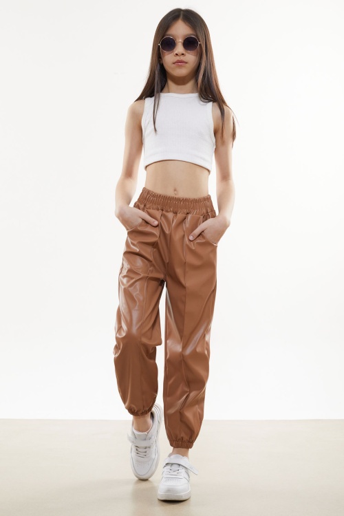 Kahve Beli Lastikli Jogger Model Kız Deri Pantolon 18051