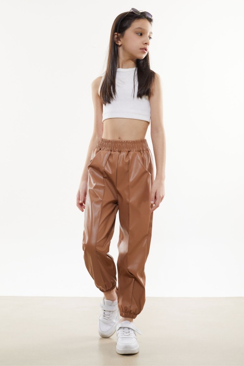 Kahve Beli Lastikli Jogger Model Kız Deri Pantolon 18051